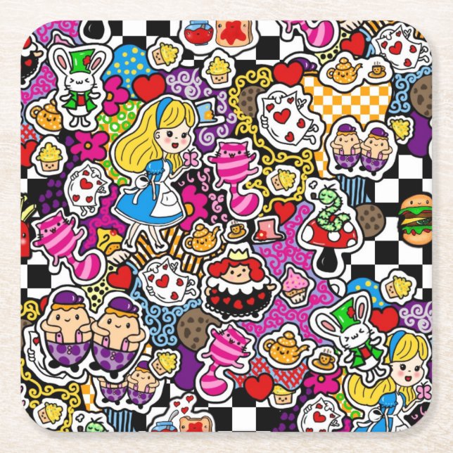 Alice's Wonderland Mad Hatter Tea Party INVITE Square Paper Coaster (Front)