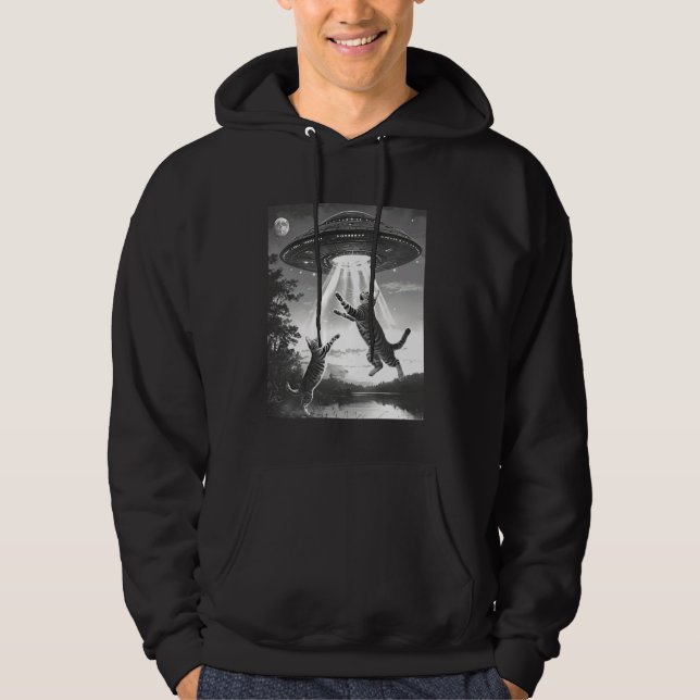 Alien Abduction Cats UFO Flying Saucer Space Funny Hoodie (Front)