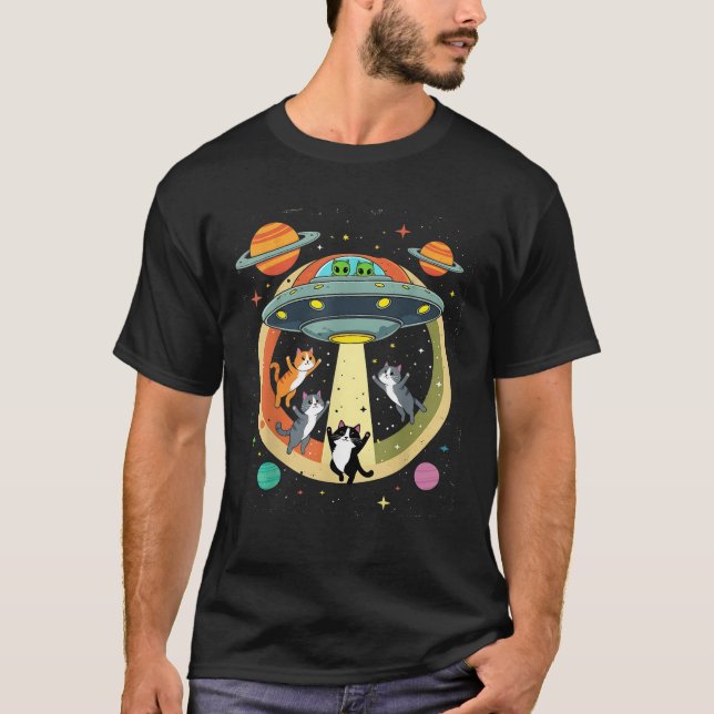 Alien Abduction Cats UFO Flying Saucer Space Women T-Shirt (Front)