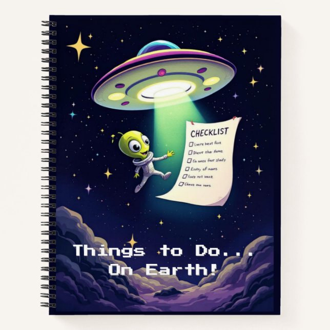 Alien Abduction Checklist | Whimsical Retro Sci-Fi Notebook (Front)