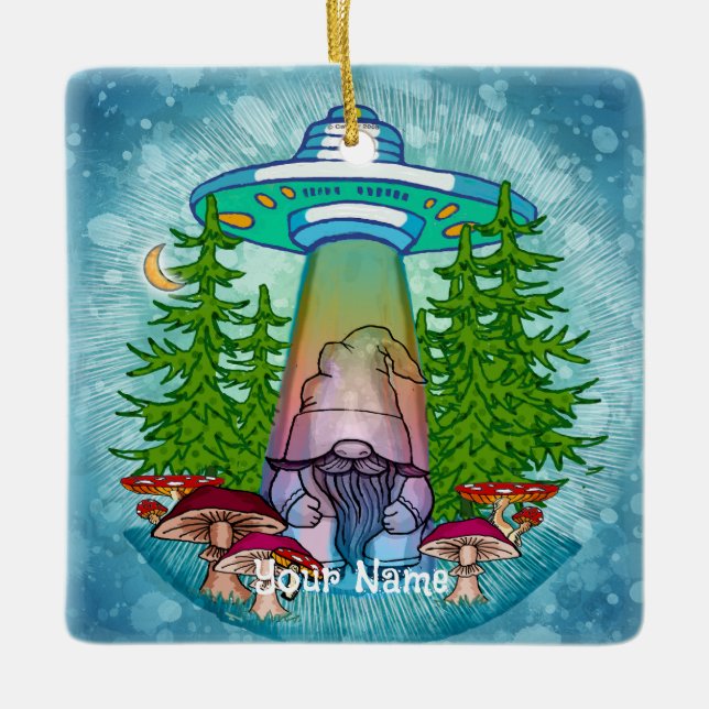 Alien abduction gnome  ceramic ornament (Front)