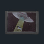 Alien Abduction Tri-fold Wallet<br><div class="desc">A colour pencil drawing of an unfortunate cow being abducted by aliens in a flying saucer on a dark,  starry night. The frightened herd huddles in the background.</div>