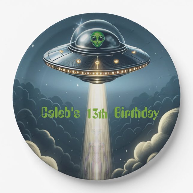 Alien Abduction UFO Blue Clouds Birthday Party Paper Plate (Front)