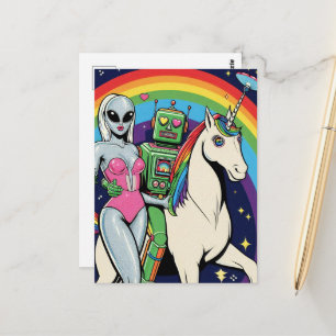 Alien and a Robot in Love With Thier Unicorn Postcard