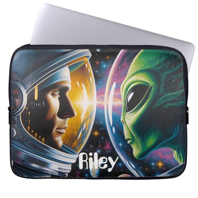 Alien and Astronaut in Space Personalised Laptop Sleeve (Front)