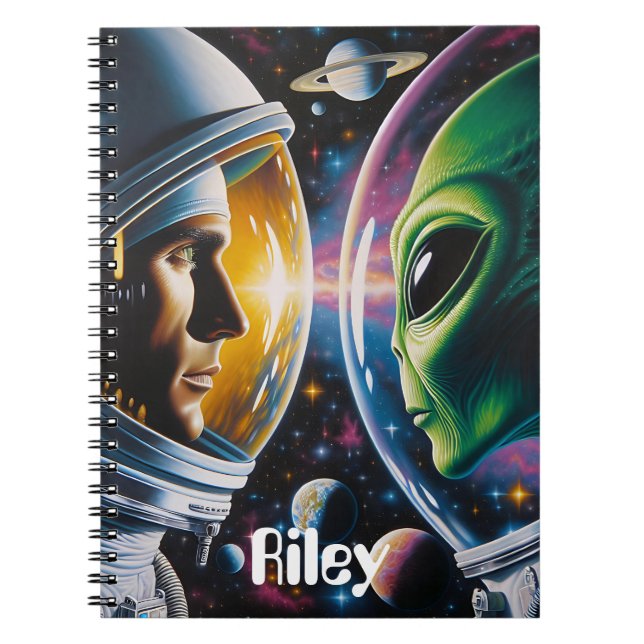 Alien and Astronaut in Space Personalised Notebook (Front)