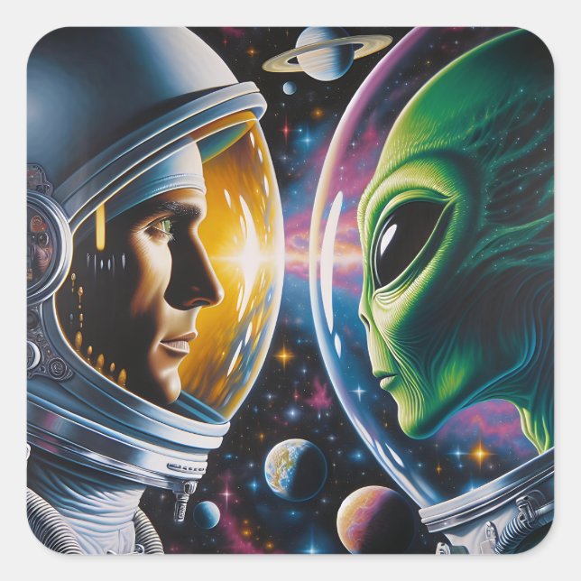 Alien and Astronaut in Space Square Sticker (Front)