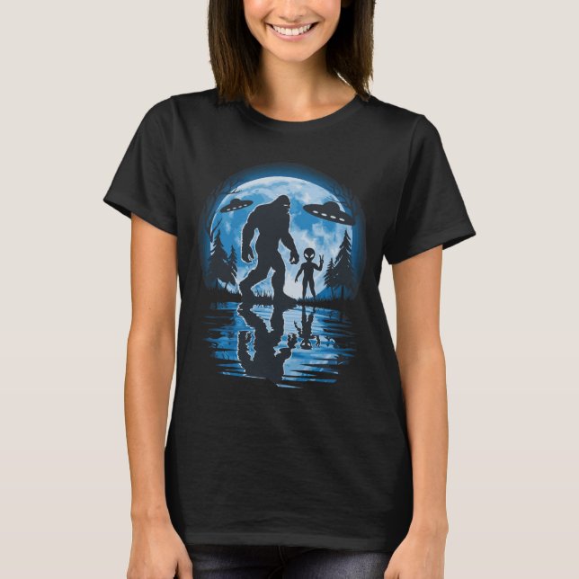 Alien And Bigfoot Moon ufo T-Shirt (Front)