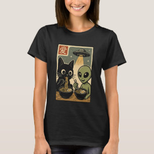 Alien and Cat Ramen Bowl Funny UFO Japanese Noodle T-Shirt
