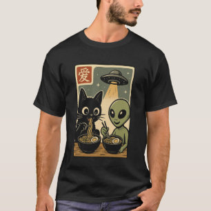 Alien and Cat Ramen Bowl Funny UFO Japanese Noodle T-Shirt