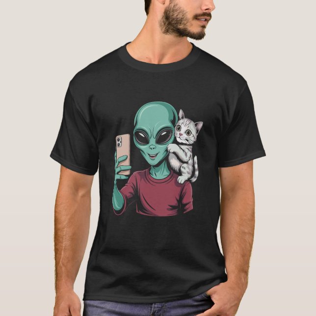 Alien and Cat Selfie in Space T-Shirt (Front)