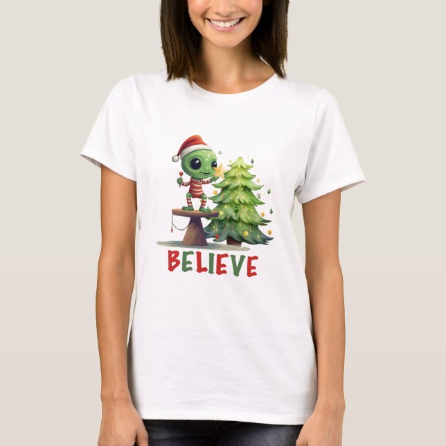 Alien and Christmas Tree T-Shirt (Front)