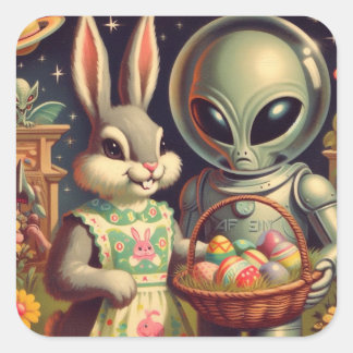 Alien and Easter Bunny Kitsch Vintage Painting Square Sticker