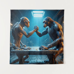 Alien and Monkey Arm Wrestling Tapestry