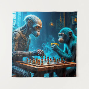 Alien and Monkey Playing Chess with Coffee Tapestry