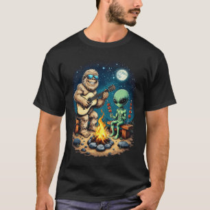 Alien and Monkey Playing Guitar Chilling Campfire T-Shirt