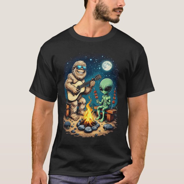 Alien and Monkey Playing Guitar Chilling Campfire  T-Shirt (Front)
