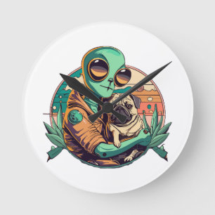 Alien and Pug Round Clock