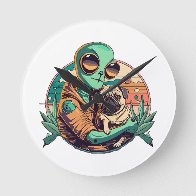 Alien and Pug Round Clock (Front)