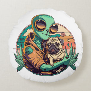 Alien and Pug Round Cushion
