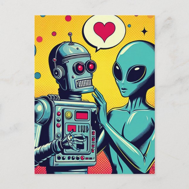 Alien and Robot in Love Postcard (Front)