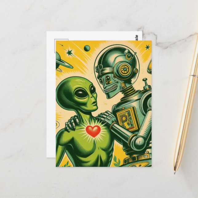 Alien and Robot Retro Love Postcard (Front/Back In Situ)
