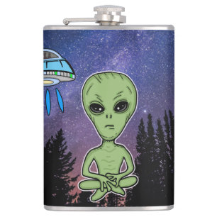 Alien and UfO on Starry Night Hip Flask