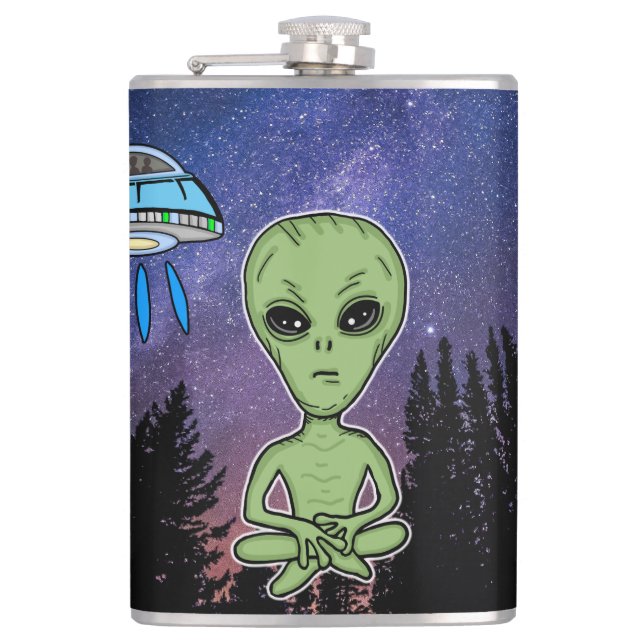 Alien and UfO on Starry Night Hip Flask (Front)