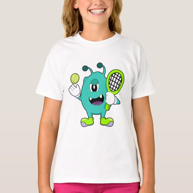 Alien at Tennis with Tennis racket T-Shirt (Front)