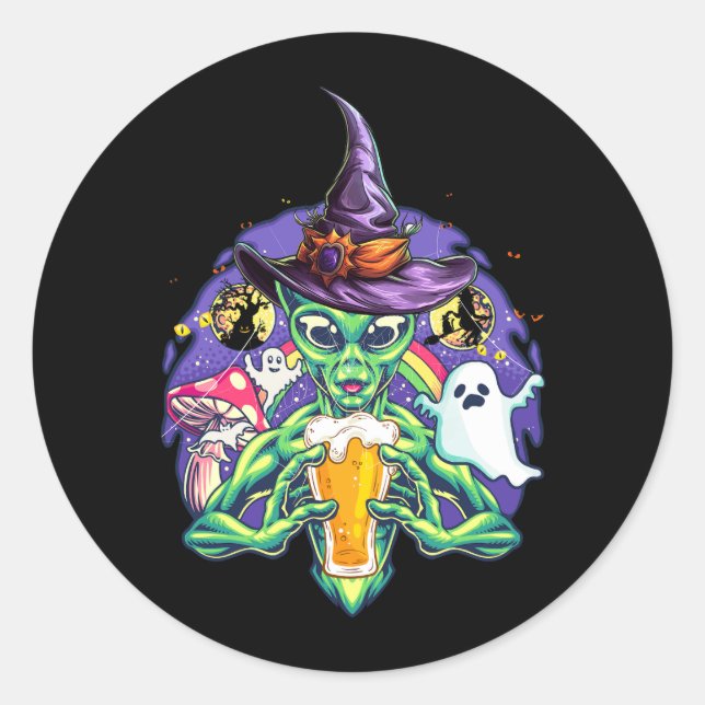 Alien Beer Peace Sign Lazy Drinking Halloween Zomb Classic Round Sticker (Front)