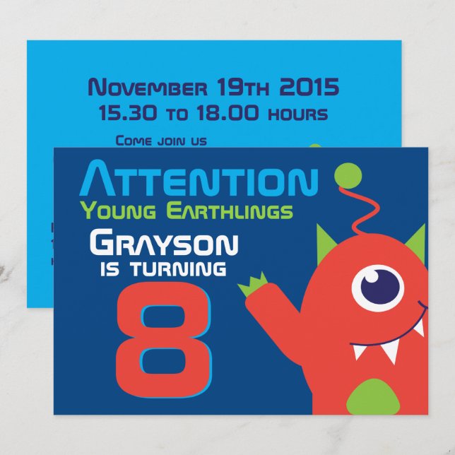 Alien birthday boy 8th blue orange invitation (Front/Back)