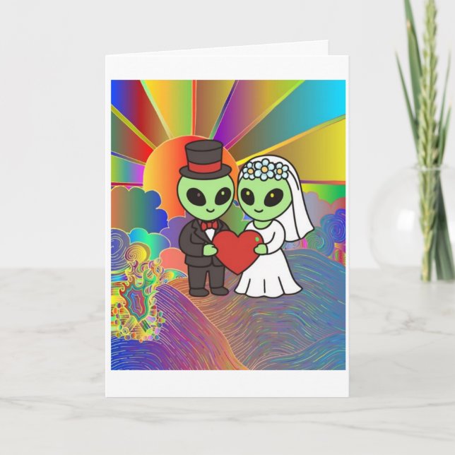Alien Bride and Groom Wedding Retro Neon  Thank You Card (Front)
