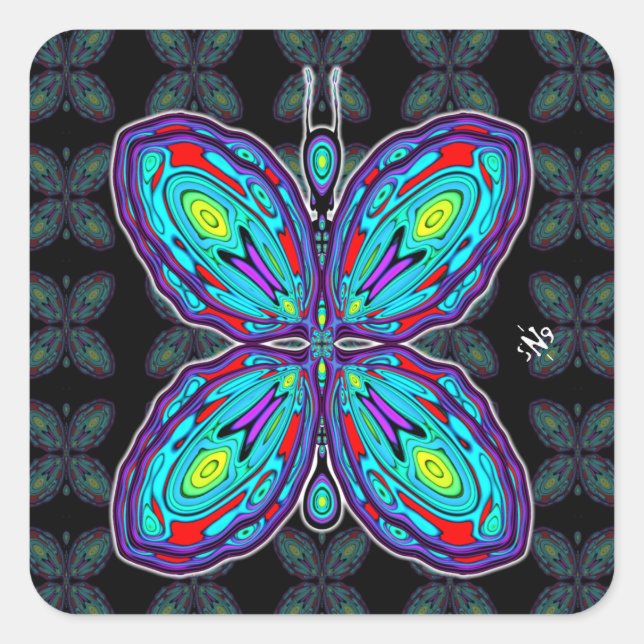 Alien butterfly (colourful pattern) v3 square sticker (Front)