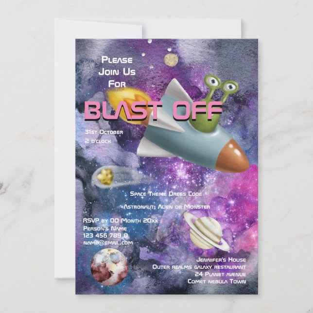 Alien cartoon cute UFO girls space theme party Invitation (Front)