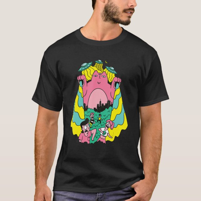 Alien Cat Abducting People  Ufo T-Shirt (Front)
