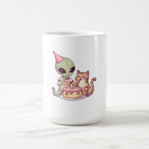 Alien Cat Birthday Party Cartoon Coffee Mug