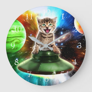 Alien cat in the ufo saucer large clock