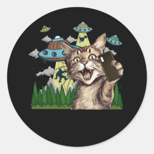 Alien Cat Selfie Funny Vintage Ufo Sci-Fi Science  Classic Round Sticker