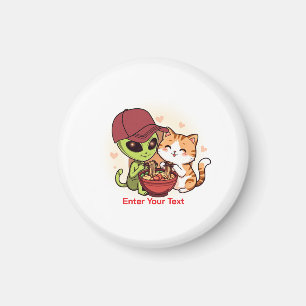 Alien & Cat Sharing Ramen Kawaii Art Magnet