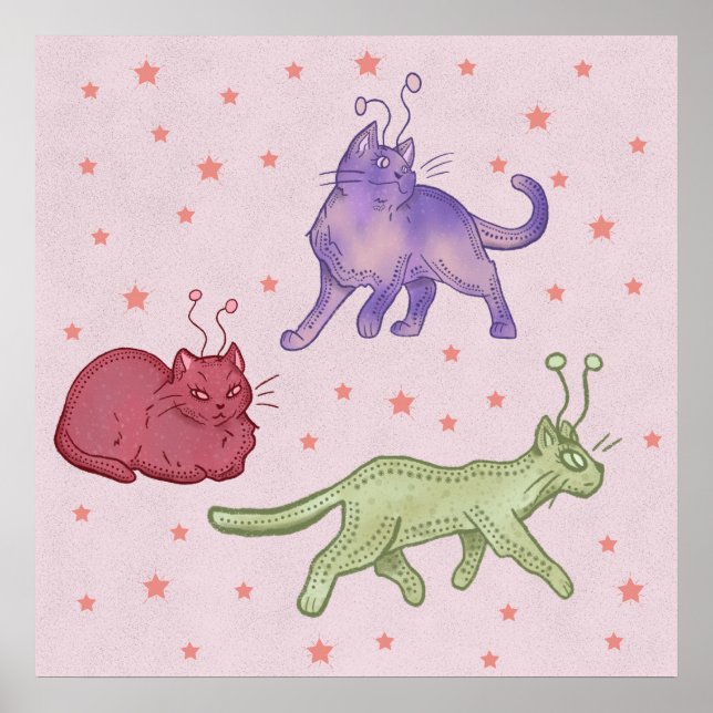 Alien Cats Whimsical Space Cat Funny Sci-Fi Poster (Front)