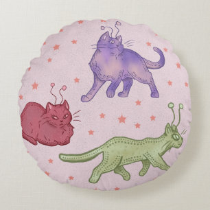 Alien Cats Whimsical Space Cat Funny Sci-Fi Round Cushion