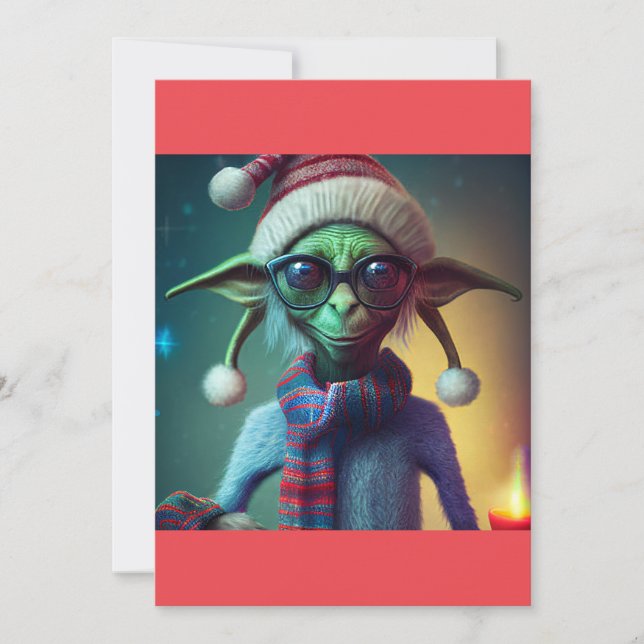  Alien Christmas  Hippie Elf Gift. T-Shirt Holiday Card (Front)