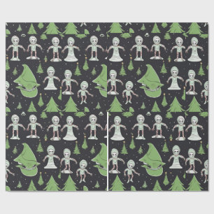 Alien Christmas holiday spaceship wrapping paper