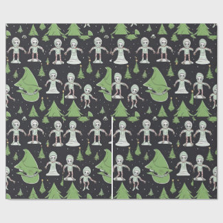 Alien Christmas holiday spaceship wrapping paper