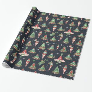 Alien Christmas holiday wrapping paper spaceship
