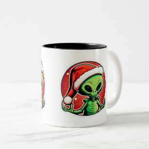 Alien Christmas Sticker Art Two-Tone Mug, 11 oz Coffee Mug