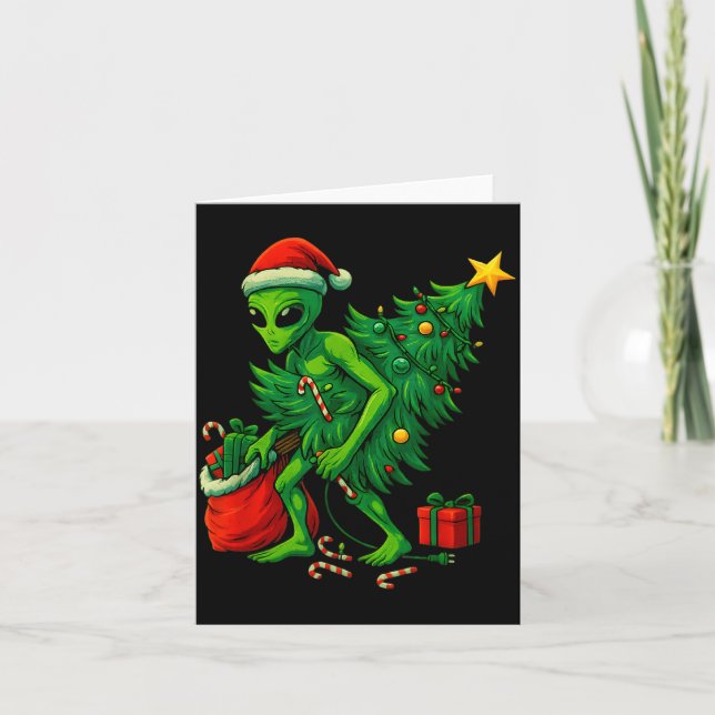 Alien Christmas Tree Lights Xmas Boys Men  Card (Front)