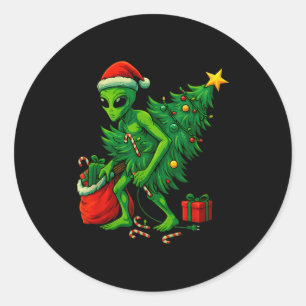 Alien Christmas Tree Lights Xmas Boys Men  Classic Round Sticker