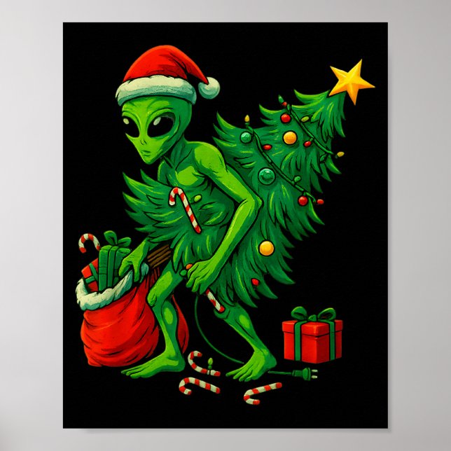 Alien Christmas Tree Lights Xmas Boys Men  Poster (Front)