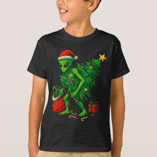 Alien Christmas Tree Lights Xmas Boys Men  T-Shirt